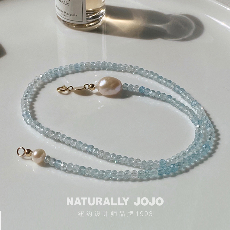 NATURALLY JOJO S925纯银气质优雅天然淡水珍珠海蓝宝锁骨链
